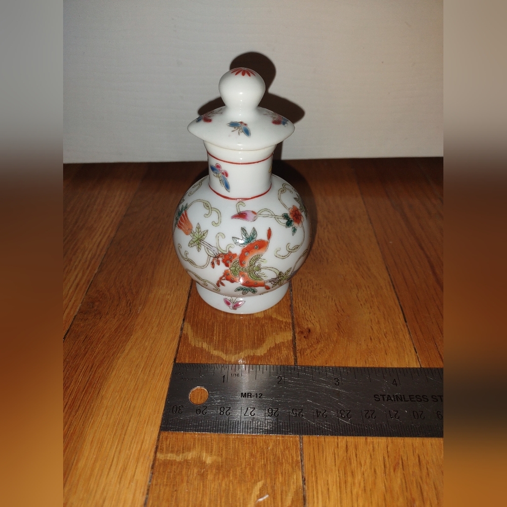 Vintage Asian Soy Sauce Bottle Dispenser with Screw On Lid Floral Motif